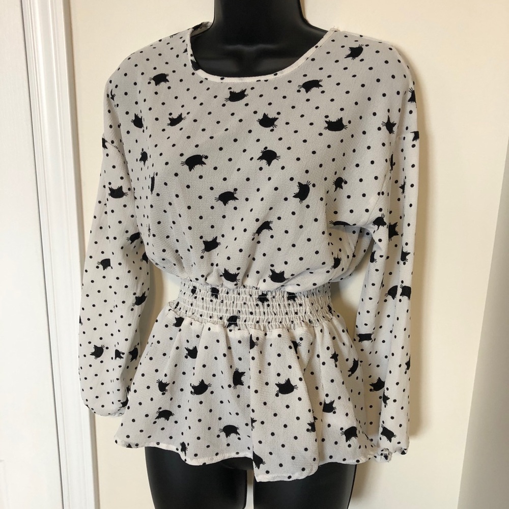 🐱 Stella Tweed Black Cat Print Dressy Top XS